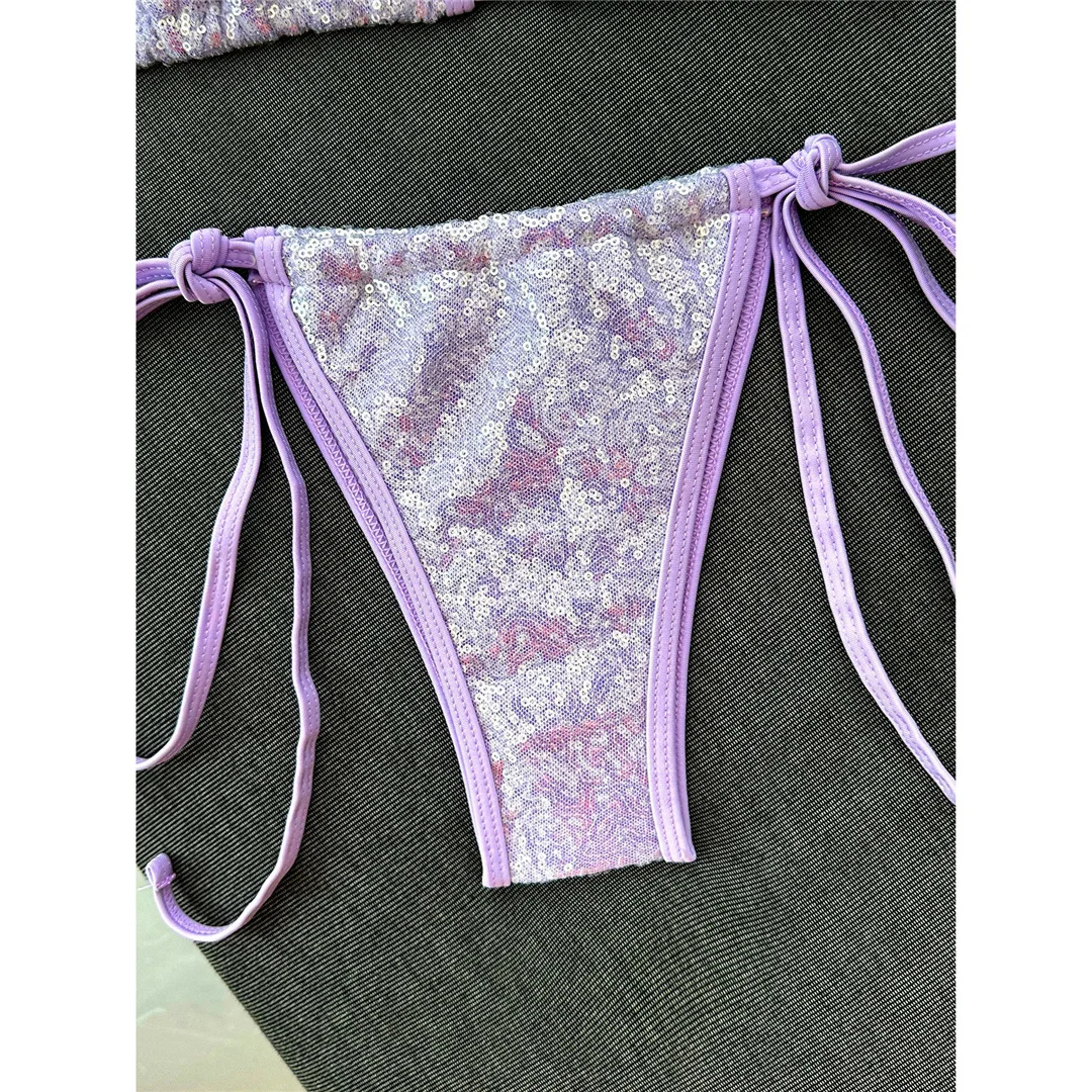 Pailletten-Bikini mit Neckholder, Damen-Badeanzug, zweiteiliges Bikini-Set, hoch geschnittene Beine, gepolsterter Badeanzug, Badebekleidung, Modell V8302. – Detail 6
