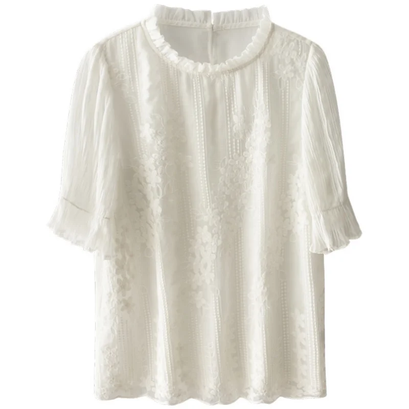 Short Sleeve Embroidery Chiffon Women Blouse Casual Elegant White Stand Collar Tops Summer Hollow Out Shirt