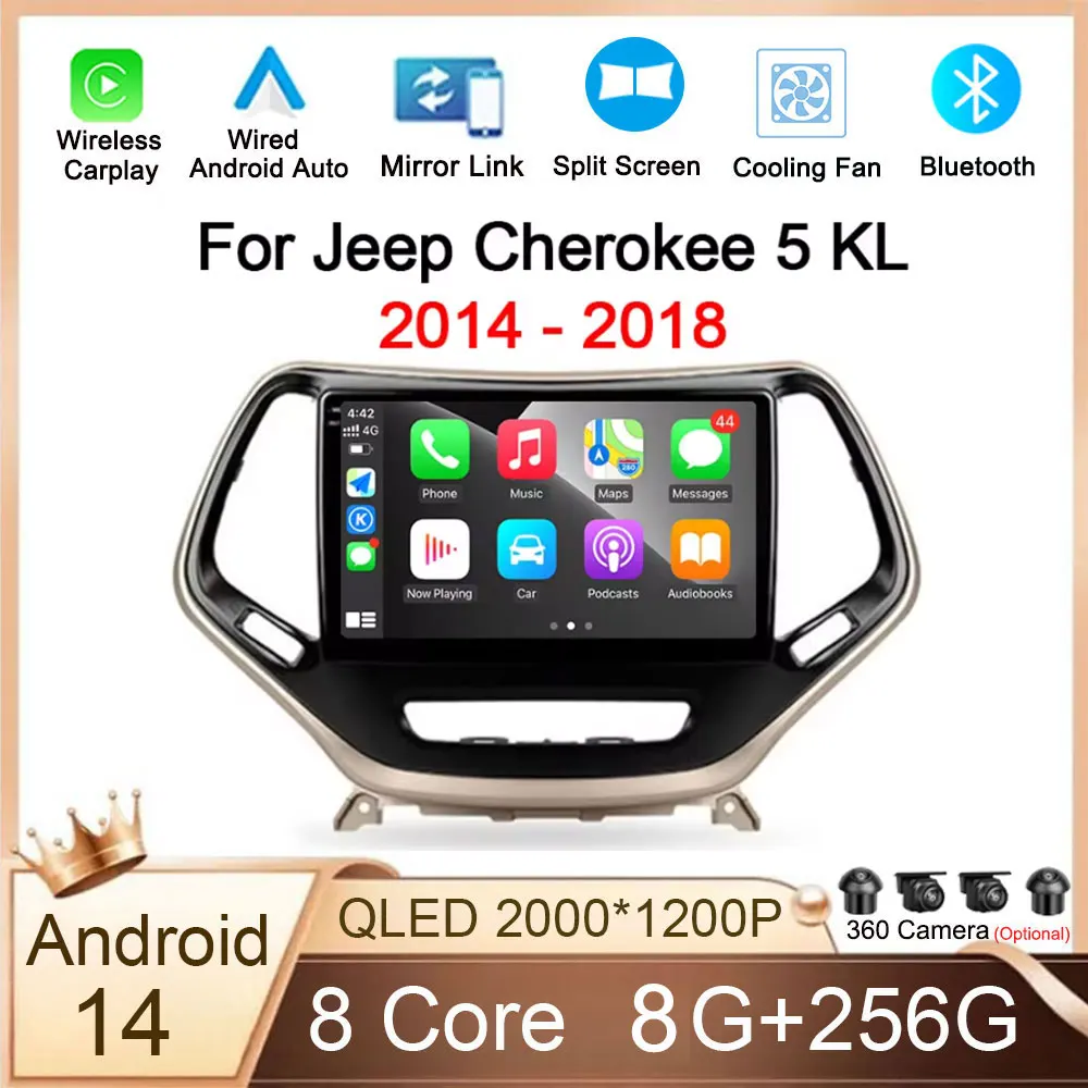 

Carplay Smart Stereo Android 14 For Jeep Cherokee 5 KL 2014 - 2018 Autoradio Car Radio 8 Core System Multimedia Blutooth