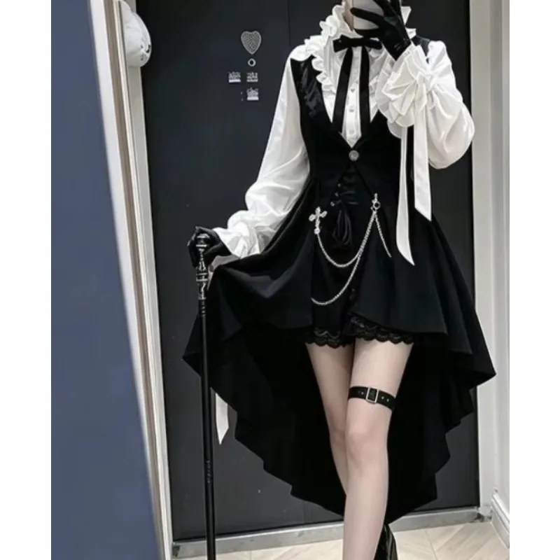 Women Gothic Y2K 3 Piece Set Bow White Shirt Black Trailing Vest Shorts Harajuku Vintage Suit
