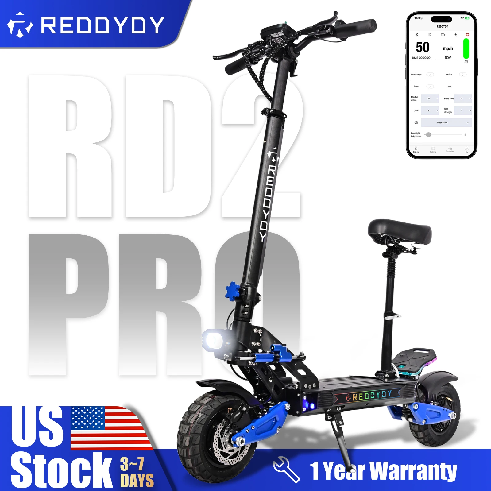 

RD2 PRO Adult Offroad Escooter Dual Motors 5000W Peak 50MPH Max Speed 60V25Ah Battery 55Miles Max Range 3 Riding Modes with APP Control NFC Unlocking 10.5" Off-Road Tires Dual Hydraulic Disc Brakes Dual Suspension Scooter with RD2 Up Kit US Stock Direct