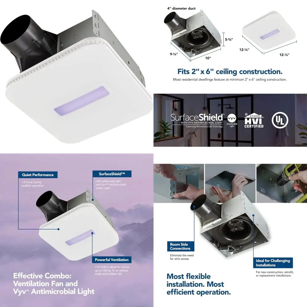 فتحة تهوية عادم Vital Vio LED والضوء البنفسجي مع درع سطحي، 110 CFM، أبيض، نظام تهوية يعمل بالطاقة #1