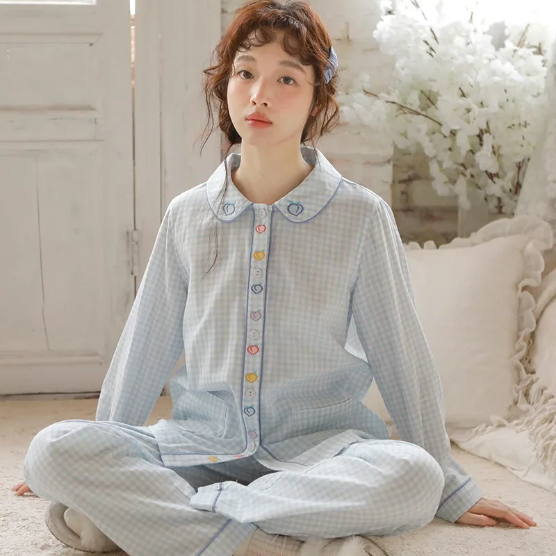 

Spring Summer Pink/ Blue Color 100% Cotton Women's Long-Sleeve Pants Plaid Embroidered 2PCS Pajama Set Sweet Style Homewear
