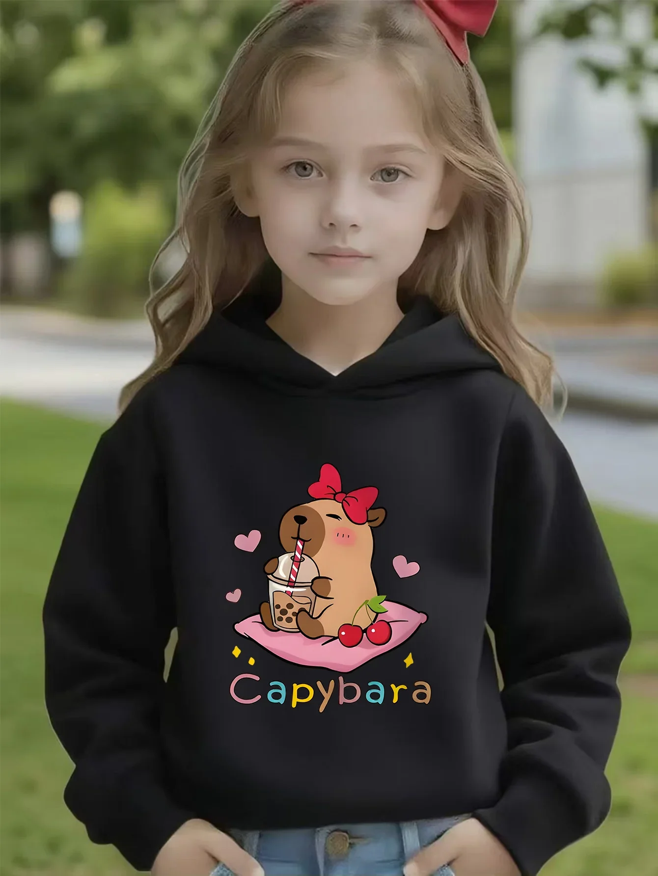 Kids Capybara Hoodie Girls Cute Animal Graphic Print Sweatshirt Pink Long Sleeve Hooded Pullover Tops Casual Spring Autumn