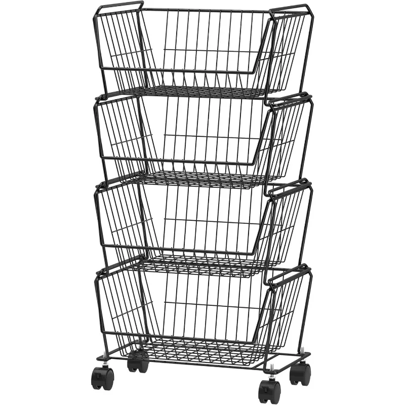 4-Tier Stackable Metal Storage Baskets, Anti-Rust Fruit Vegetable Rack, Dual Use Shelf for Kitchen, Home & Office, Black