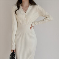 HELIAR Women Buttons Sweater Dress Long Sleeve Elegant Knit V-Neck Slim Bodycon Dress Female Office Vestidos Autumn Winter