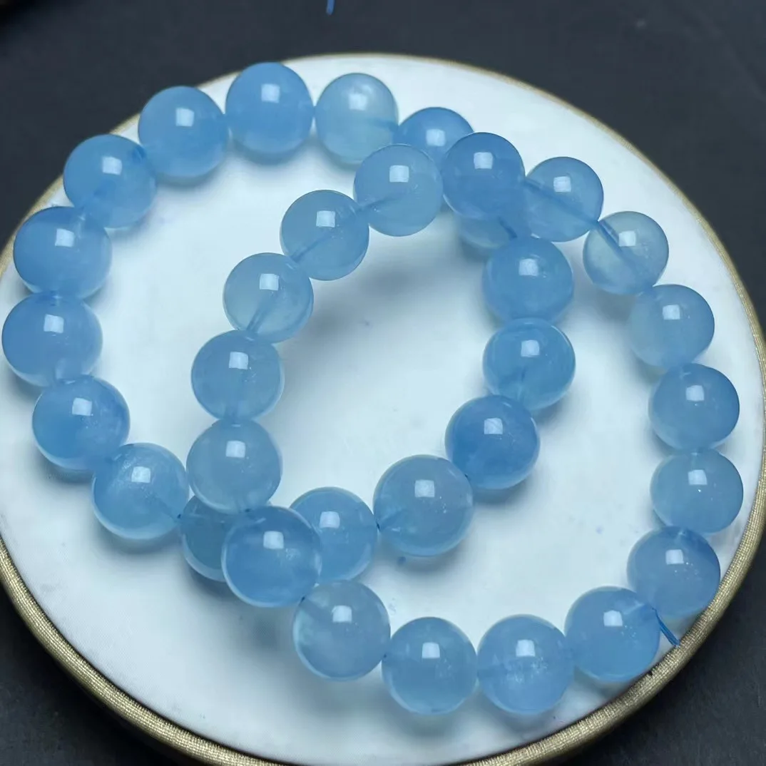 Unit One Piece 11 to 15mm Natural Blue Aquamarine Gemstone Crystal Round Bead Bracelet For Gift