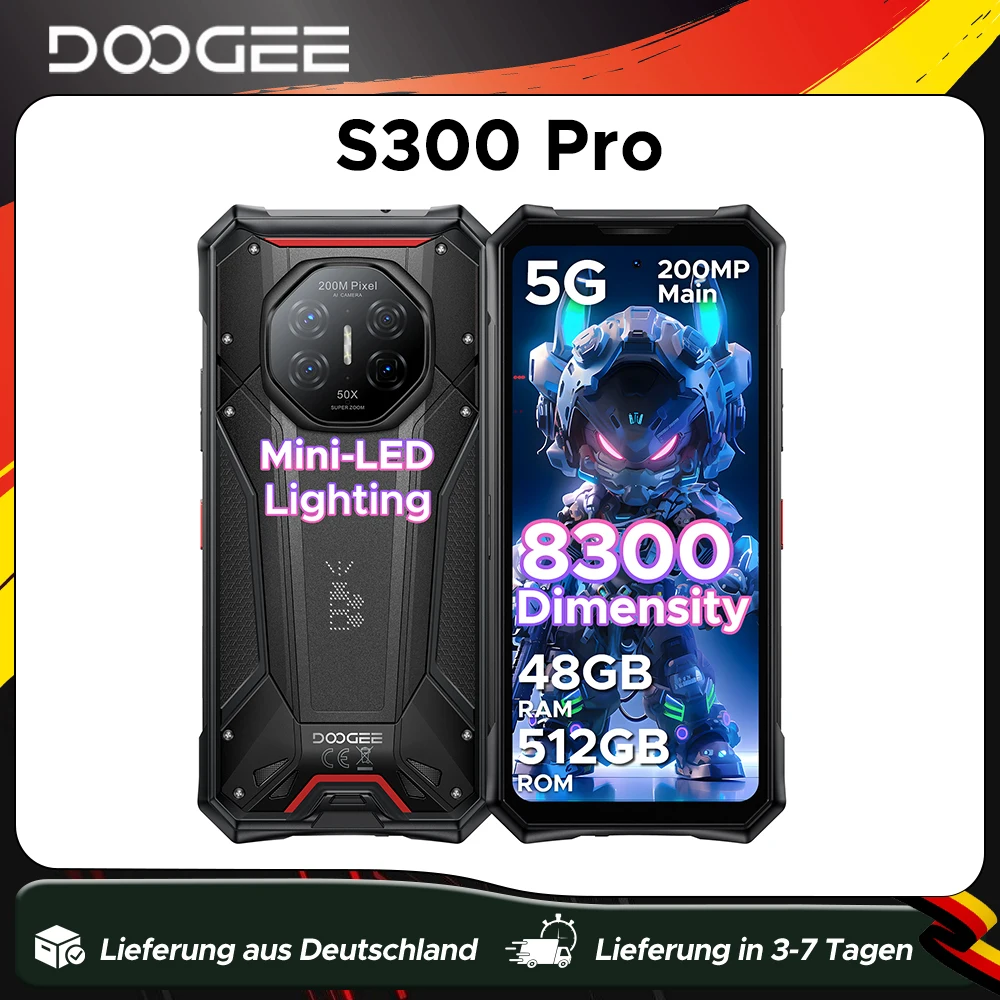 DOOGEE S300 Pro 5G Robustes Smartphone Dimensity 8300 6,78'' Display 48GB RAM (16GB+32GB) 512GB ROM 11000mAh 200MP Kamera Android 16