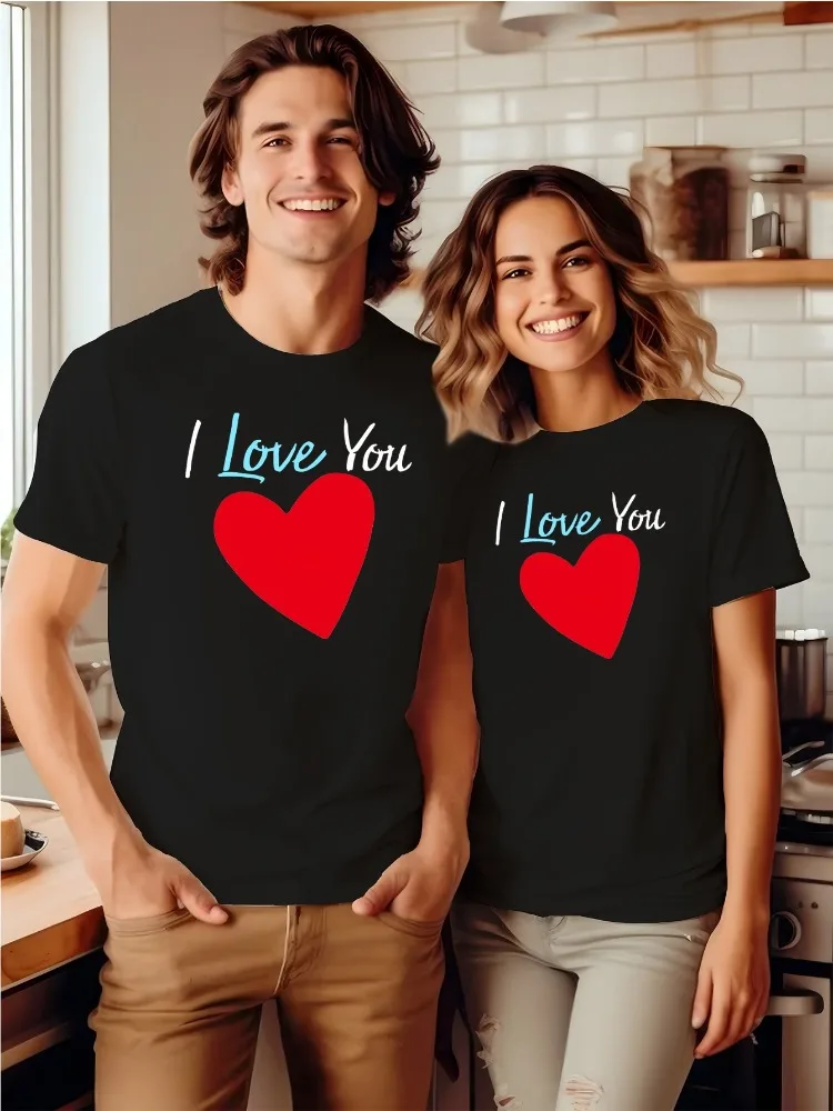 

Romantic Couple T-Shirts for Women I Love You Printed Valentine's Day Gift Everyday Couple Outfits Y2K Style Lover's Apparel
