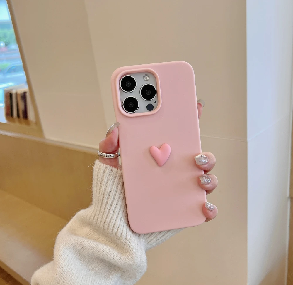 Candy Color 3D Love Heart Skin Feel Borderless Soft Shell Frosted Phone Case For iPhone 11 12 13 14 15 16 Pro Max X XR XS Cover