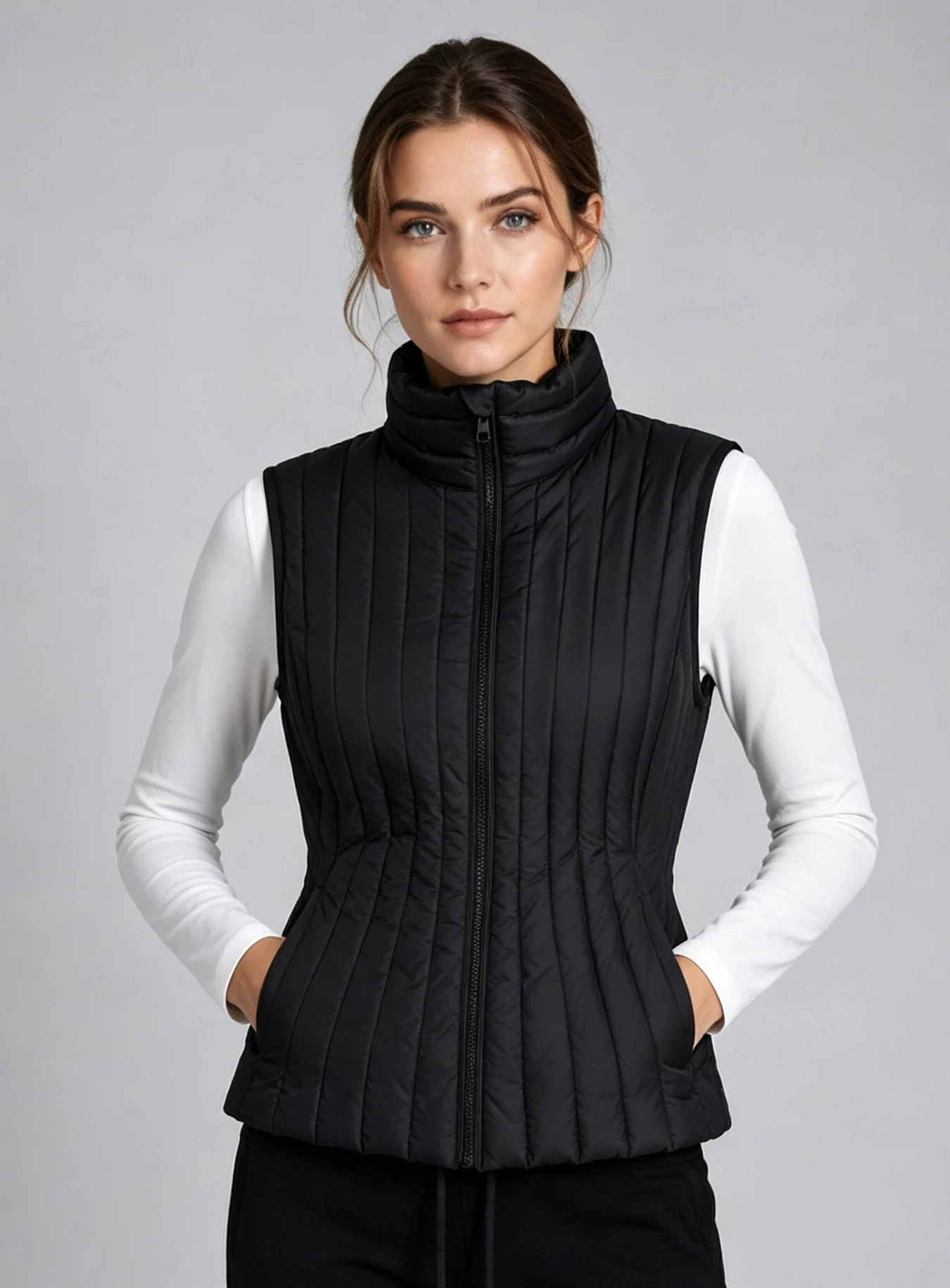 LIMO Women  Stand Collar Quilted  Zip Up Elastic Waist Slim Fit Sleeveless Lightweight  Casual Outerwear Waistcoat