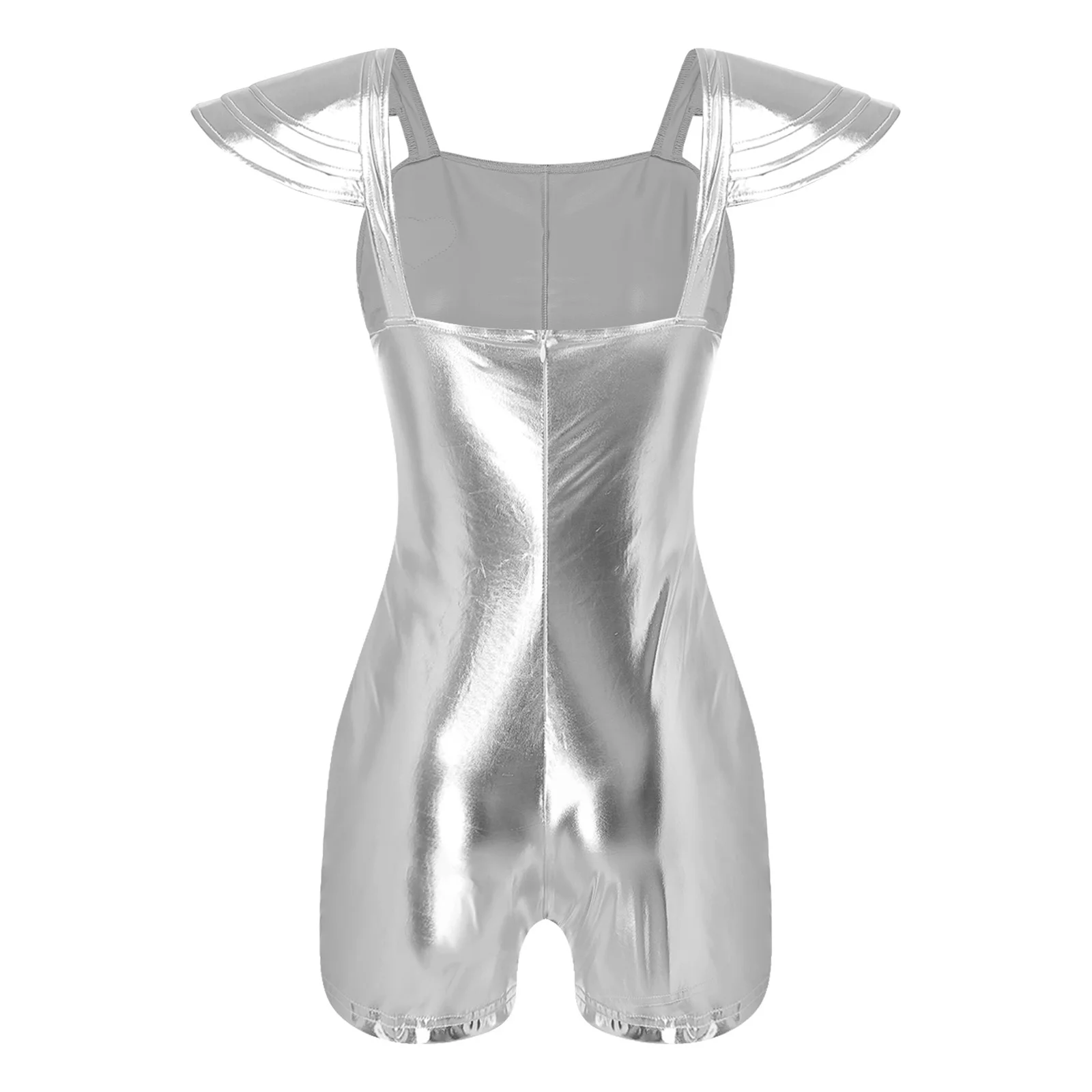 Women Halloween Alien Cosplay Costume Silver Astronaut Rompers Sequin Heart Metallic Jumpsuit Cap Sleeve Back Zipper Bodysuit