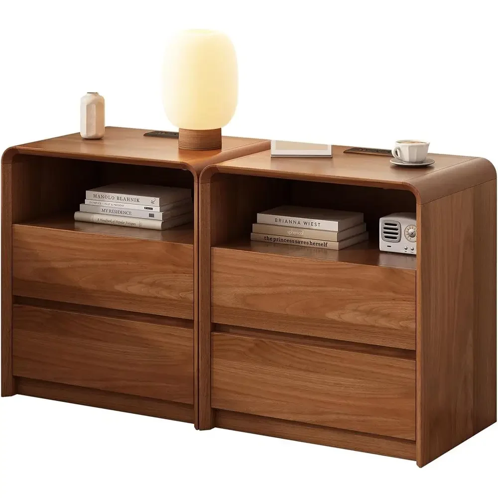 

Walnut Nightstand Set o 2, 2 Storage Ders Side Table,21.6-Inch Wide with Charging Station & Curved Anti-Collision Design.End Tab