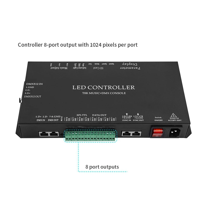 T8K Musica + Console DMX Porta a 8 canali con microfono In/Aux In SPI-TTL Controller per strisce luminose a LED per WS2811 WS2812B