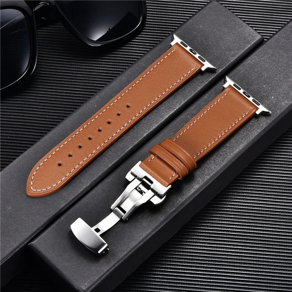 Leather Strap for Apple Watch ultra2 49mm45mm 41mm 44mm 40mm Replacement Leather Strap Deployment Buckle for iWatch series876543