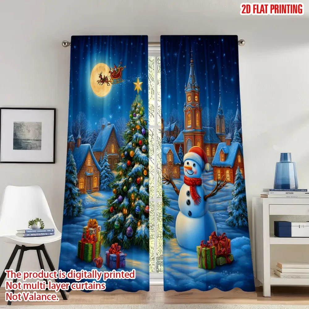 

2pcs 2D flat printing Christmas Hot Party Curtains Christmas Snowman Village Santa Digital Printed Polyester Drapes Family Party
