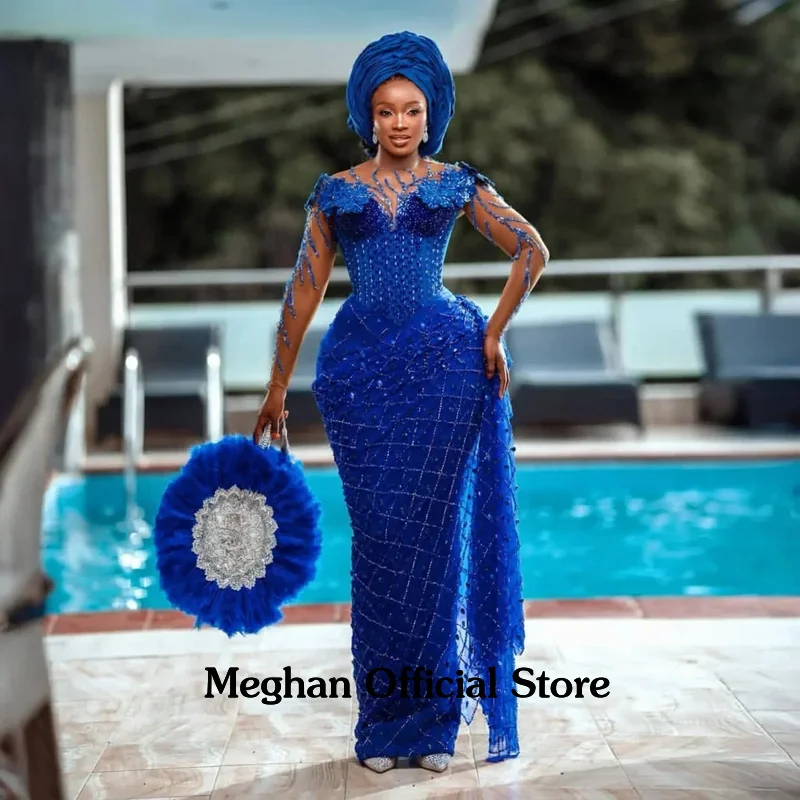 

Aso Ebi Evening Dress Beading Long Elegant Nigerian Prom Gowns Illusions Sheer Royal Blue Floral Prom Dresses with Sleeves