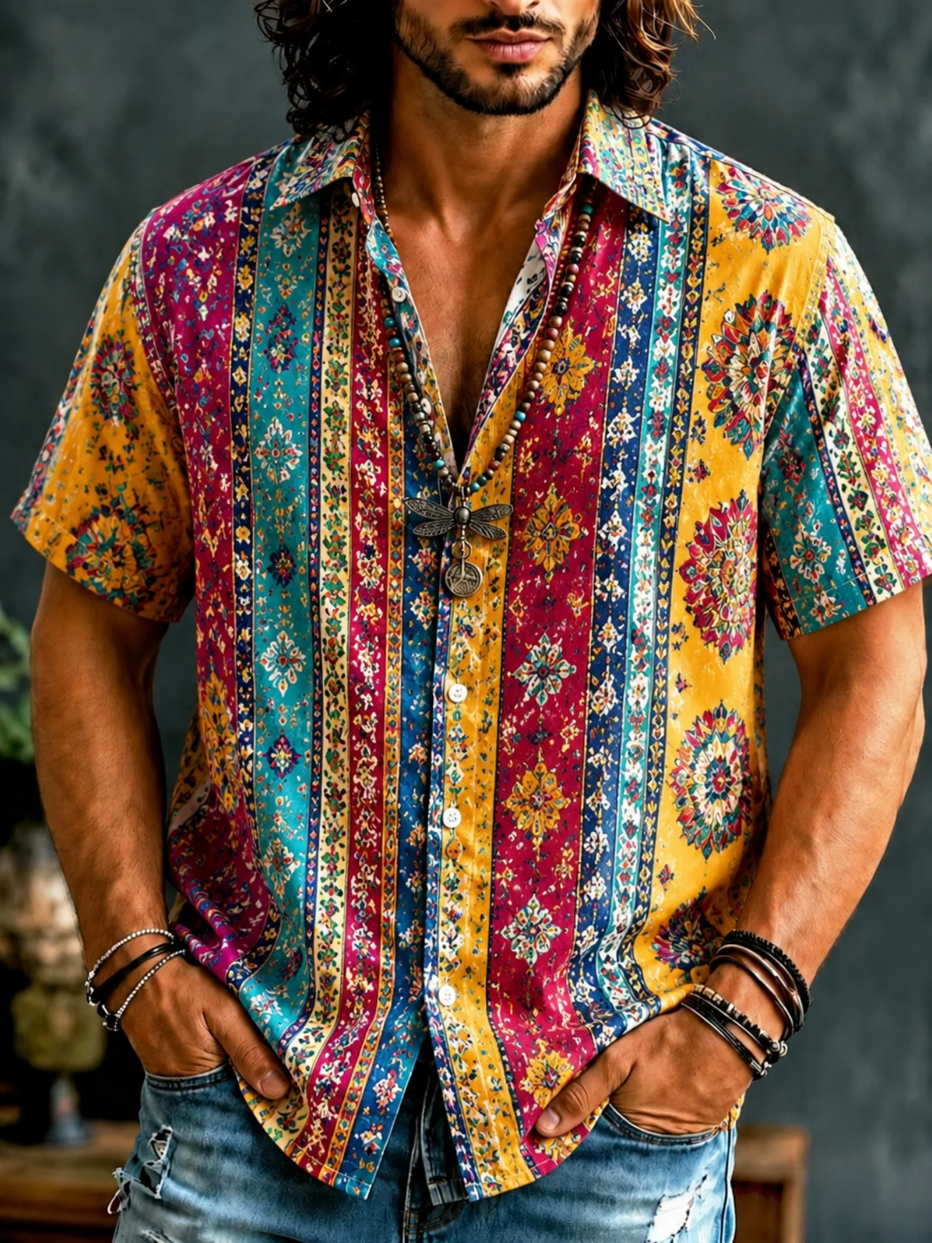 Men's Vibrant Bohemian Mandala Stripe Short Sleeve Shirt, Lightweight Casual Button Top with Random Ethnic Print, Beach Gift.