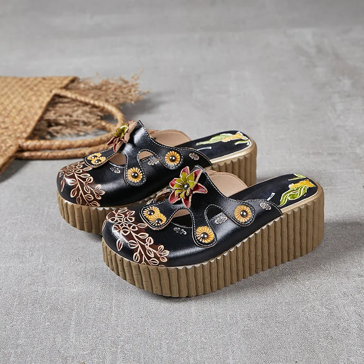 Careaymade-Summer Flower New Women's Slippers Leisure Genuine Leather Ethnic Style Slippers Elevated Handmade Women's Slippers