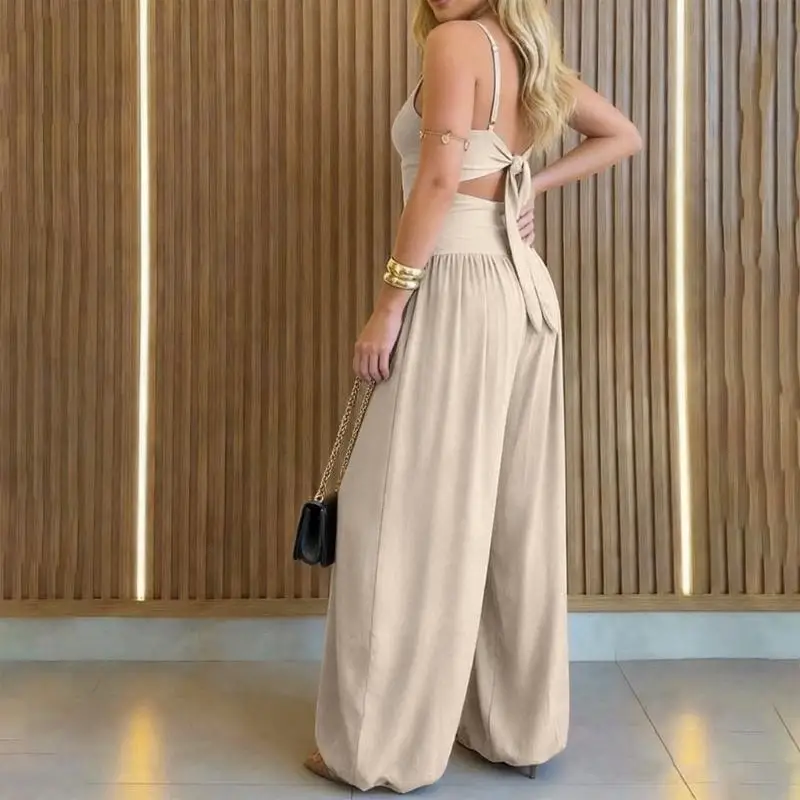 31BF Womens Jumpsuits For Sleeveless Cut Out Waist Neck Backless Tie Back Ruched High Waist Wide Leg Romper