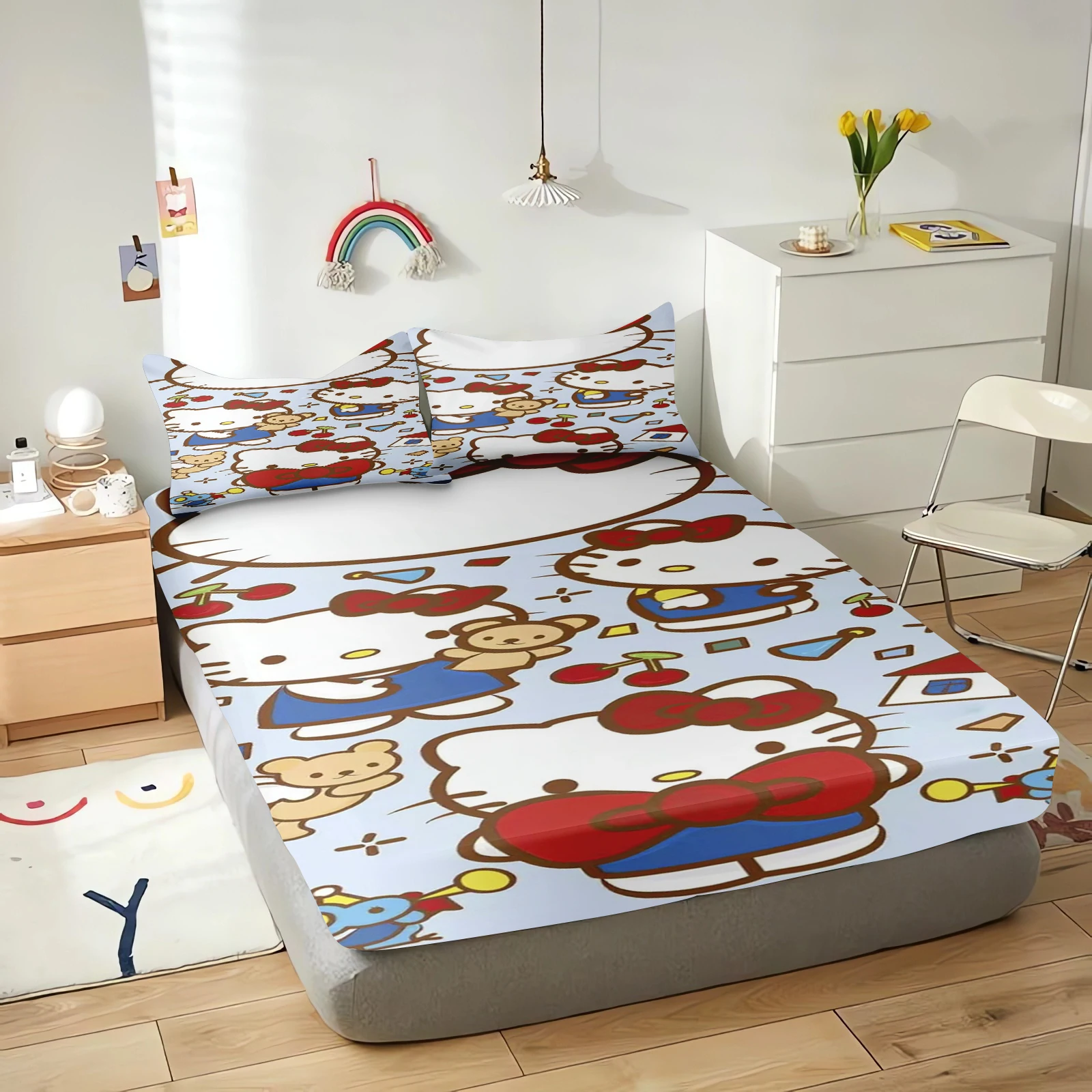 Hello Kitty Cartoon Fitted Sheet for Children, Sanrio Coverage Sheets, Elastic Cover, Cute Dream, Digital Printing Bedding