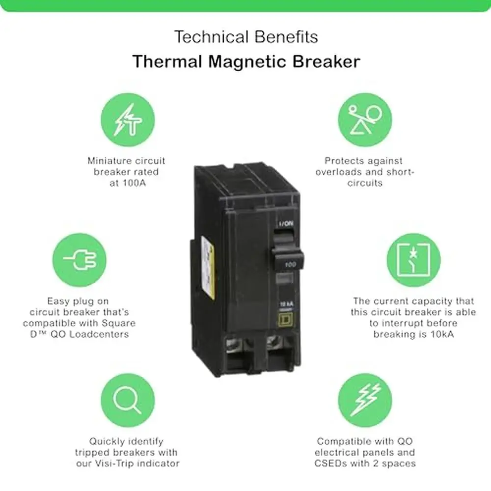 100A Double Pole Circuit Breaker QO2100CP Compatible with QO Load Centers 240V Easy Plug-On Installation 10,000 AIR Square D QO