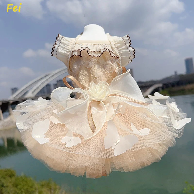 

Champagne Pet Dog Clothes Spring Summer Soft Hollow Lace Bow Sling Dresses For Small Medium Dog Chihuahua Puppy Costumes Skirts