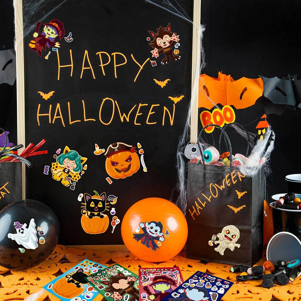 8/16Sheets Make a Face Puzzle Stickers Kids Game Create Your Own Vampire Pumpkin Witch Children Toys Halloween Party Decoration