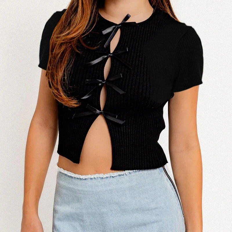 Fashion Bow Decor Hollow Out T-Shirts Women Y2K Knitted O-Neck Short Sleeve Solid Tees Sexy Spicy Girls Skinny Slim Crop Top
