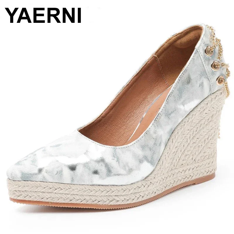 Flower print women wedge shoes pumps platform high heel pointed toe slip on espadrilles shoes party casual comfort shoes