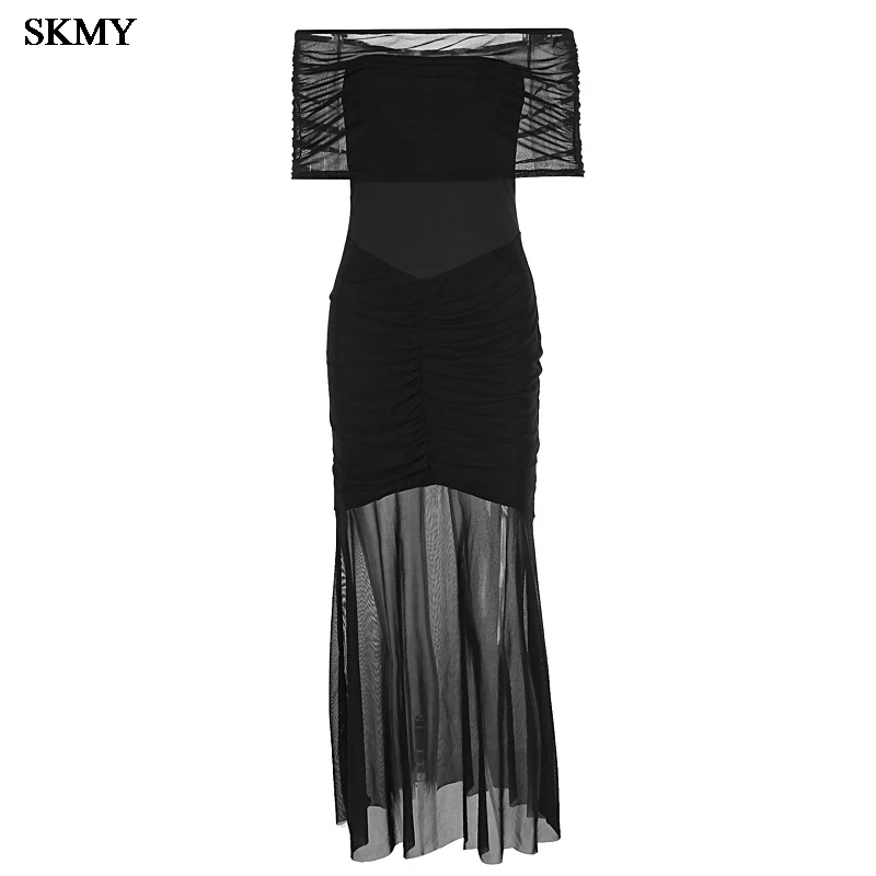 SKMY Einfarbiges Netzkleid mit trägerlosem Patchwork-Zweiteiler, modische und sexy Damenbekleidung für den Sommer 2025,