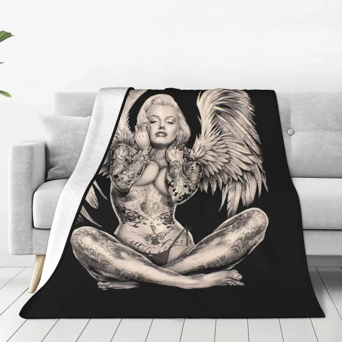 Marilyn Abstract Tattooed Angel Blankets Fleece Warm Sofa Throw Blankets For Home Bedroom Travel Throws Bedspread Quilt