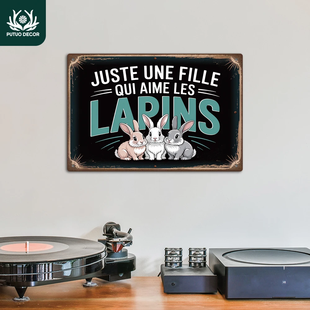 Putuo Decor 1 Stück Französisches Vintage Metallschild, Juste une fille QUI AIME LES LAPINS, Wandkunst-Dekoration für Tierliebhaber, Geschenk