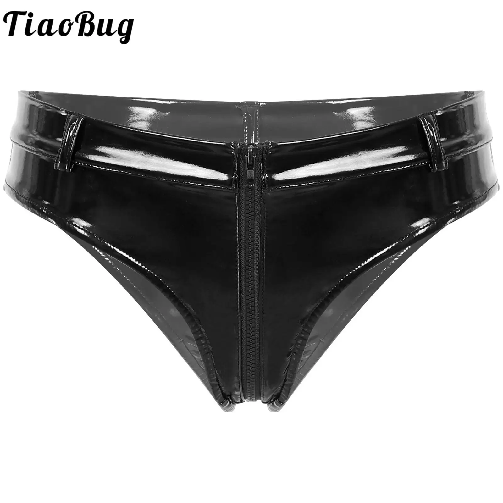 

Women Zipper Crotch Shorts Wet Look Patent Leather Briefs Panties Low Waist Hot Crotchless Underwear Underpants Panties Lingerie