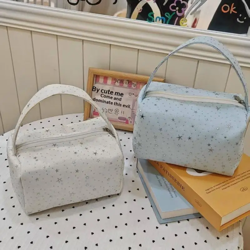 Sac de rangement pour cosmétiques en nylon à imprimé étoiles, grande capacité, poignée portable, trousse de toilette étanche pour voyage