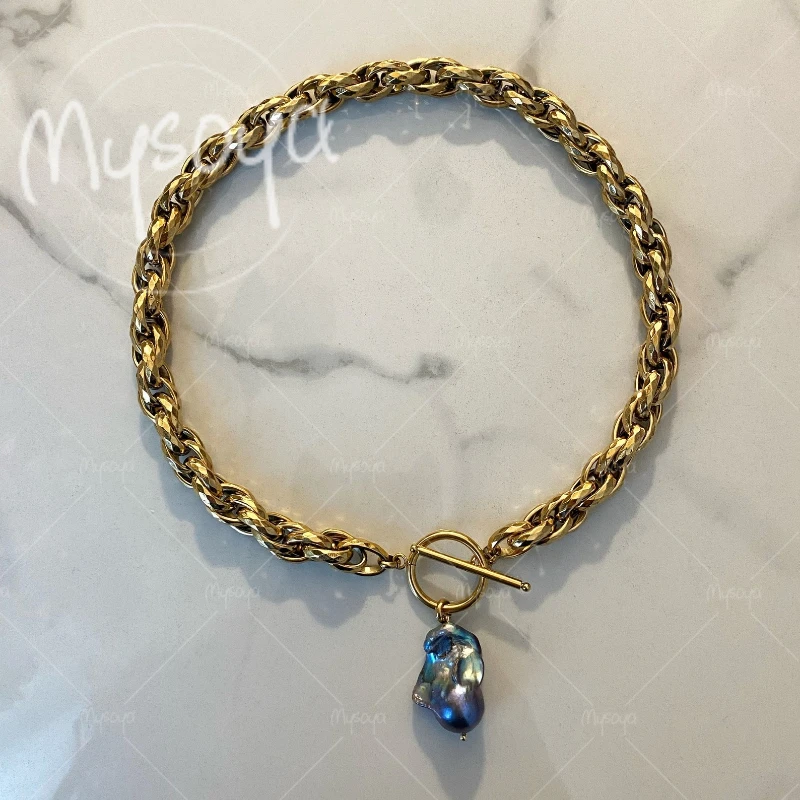 

MYSOYA 12-14mm Large Black Baroque Pearl Twist Chain Necklace, for Birthday/ Wedding/ Mother's Day/ Father's Day Gift A0907