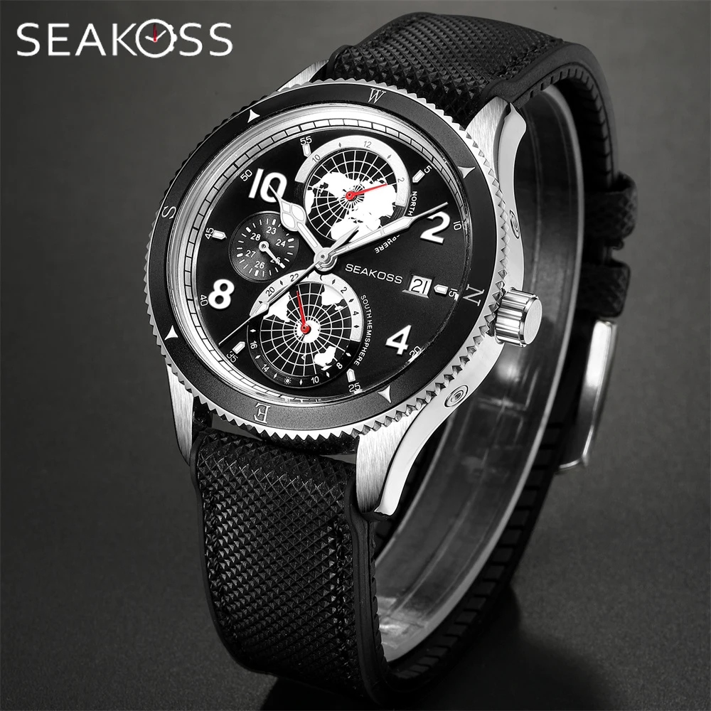 SEAKOSS Men\'s Diving Watch 1963 Earth Automatic Mechanical Watch Year Month 24Hours Display 100m Dive Super Luminous Wristwatch