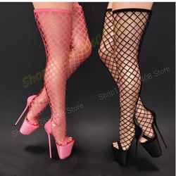 Pink Fishing Net Hollow Over the Knee Boots Platform Stiletto High Heel Fashion Sexy Women Shoes 2024 Summer Zapatos Para Mujere