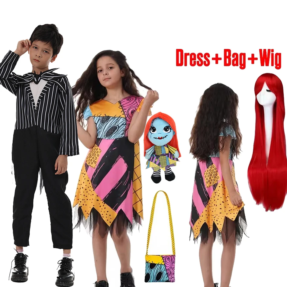 2024 Kids Girls Halloween Costume The Nightmare Before Christmas Kids Sally Cosplay Children Clothes Suit