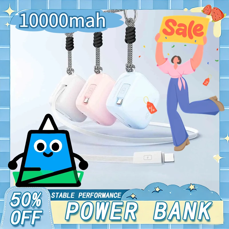

10000mAh PowerBank With 70cm Retractable Type-C Cable 40W Fast Charging External Battery for iPhone for Xiaomi Huawei