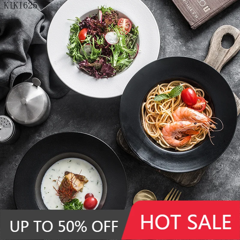 Ceramic Frosted Black and White Straw Hat Plate Luxury Restaurant Western Food Pasta Deep Soup Plate Kitchen Tableware Porcelain
