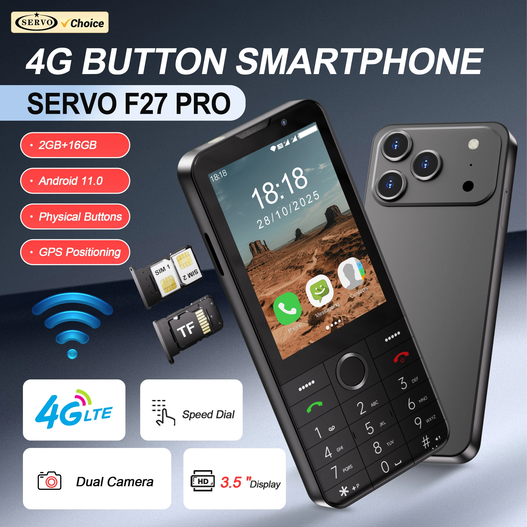 SERVO F27 PRO 4G LTE Button Smartphone Android 11.0 System 2GB+16GB Play Store Speed Dial WiFi 3.5