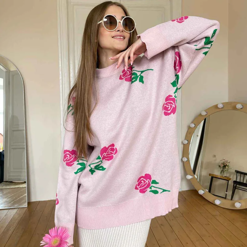 MSCSZ Vintage Floral Sweater Women Fashion Loose Knitted Jumper O-Neck Long Sleeve Pullover Knitwear Winter Clothes Women 2024