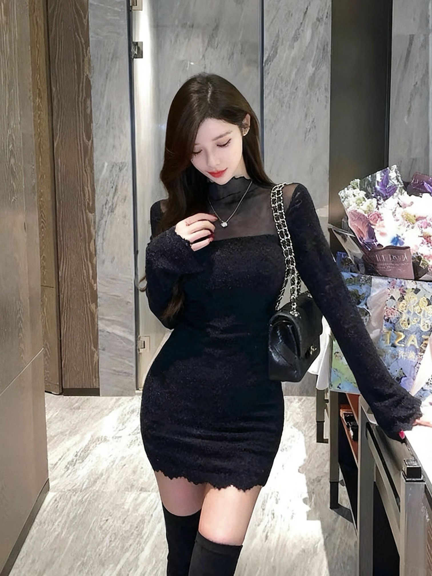 

Sexy Lace Bla Me Dr Women's Waist Cinching Long Sve Bodycon ort Skirt Autumn Winter Faion Ele Inner Wear