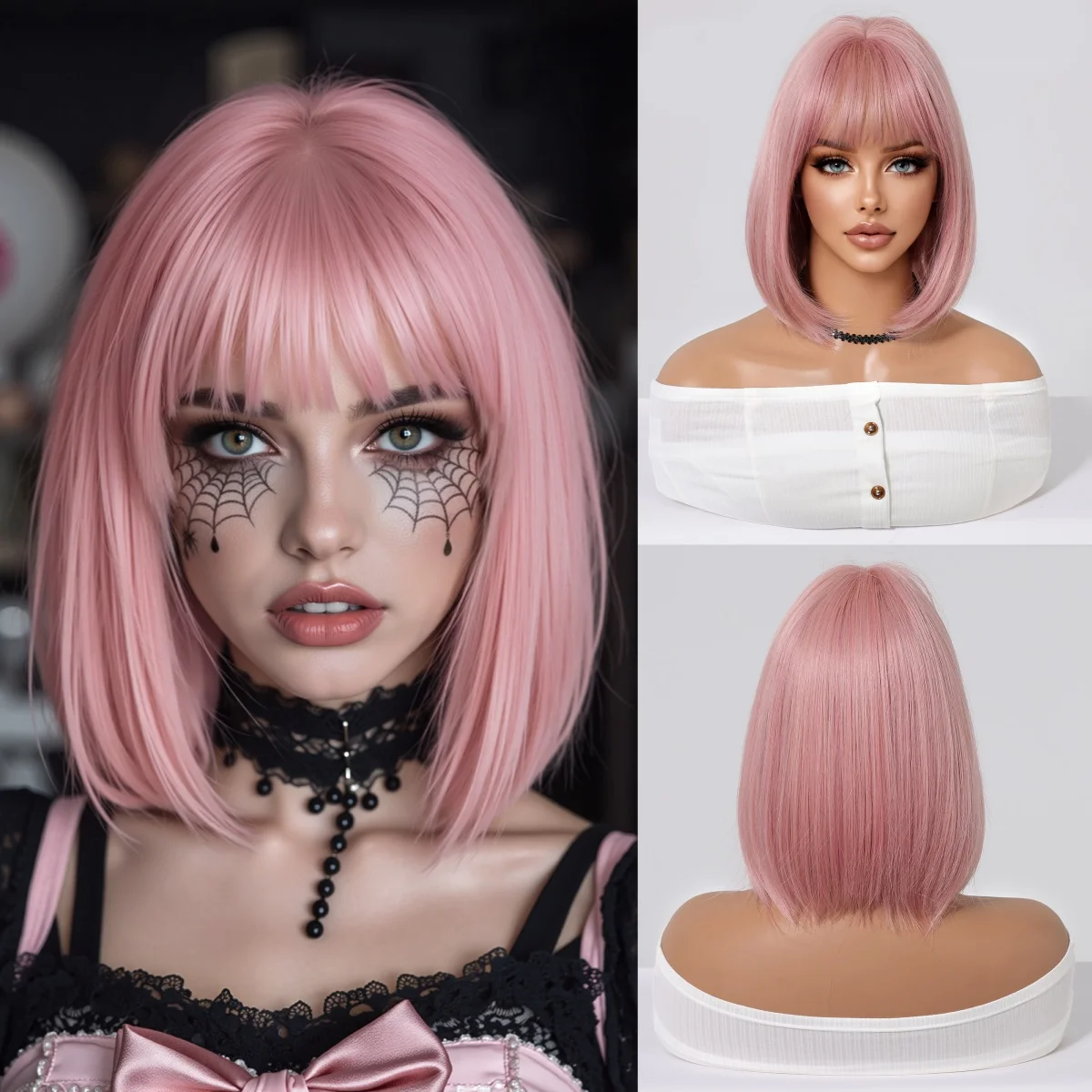 ALAN EATON Short Pink Synthetic Natural Bob Straight Wigs with Bangs for Women Party Daily Helloween Use Heat Resistant Fiber
