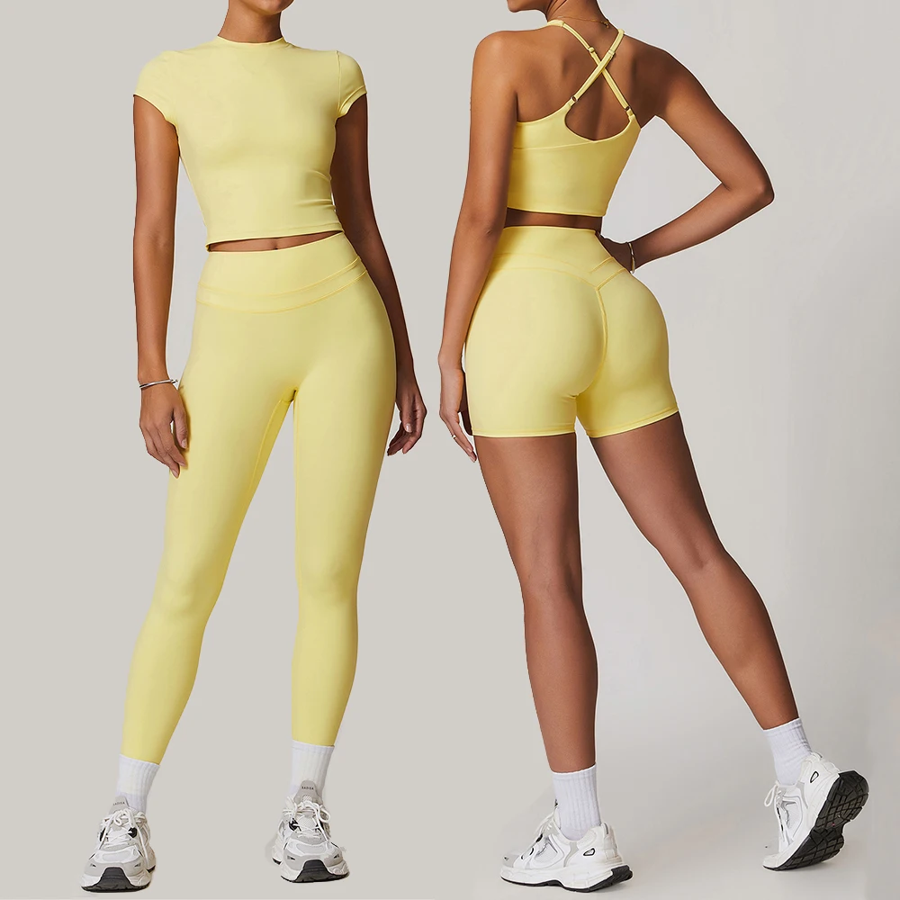 

Yoga Suit 2 Pieces Sportswear Women Gym Set Yoga Clothing Tracksuits Workout Set Fitness Short Sleeves Sports Bra Gym Leggings