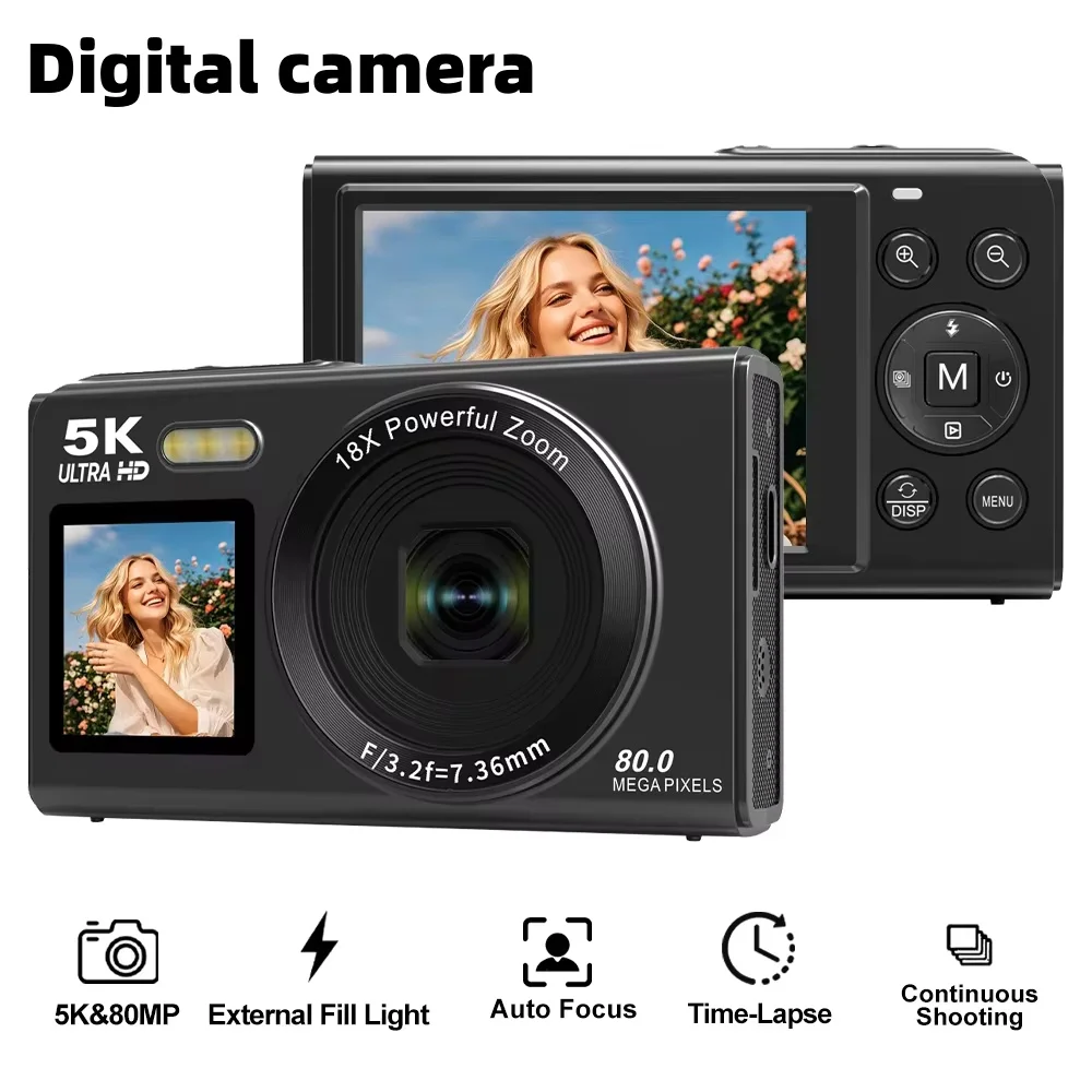 Ourlife Digital Camera 5K 80MP 18X Digital Zoom Dual Screen Compact Camera WIFI Vintage Vlog Video Recorder for Photography