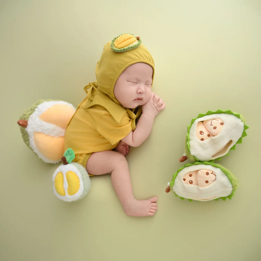 Funny Durian Theme Newborn Photography Props Baby Photo Romper+hat Set Plush Durian Props Studio Creative Photoshoot Accessories