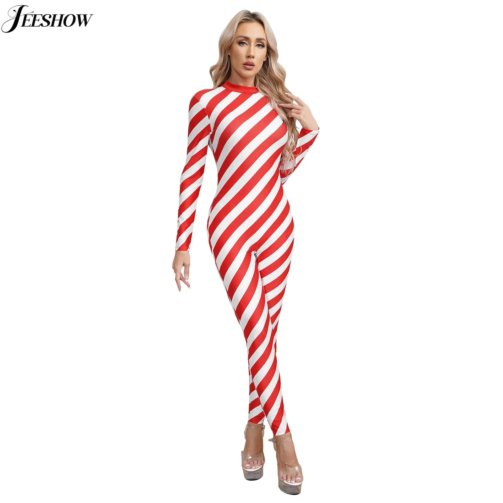 Womens Christmas Candy Cane Costume Striped Long Sleeve Unitard Gymnastics Ballet Dance Performance Costume Full Body Leotard