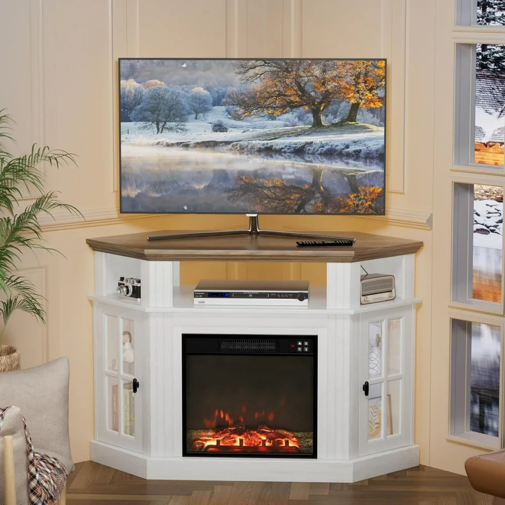 Soporte de TV esquinero con chimenea para TV de hasta 55 pulgadas, consola de TV moderna con chimenea eléctrica de 18 pulgadas, centro de entretenimiento con op
